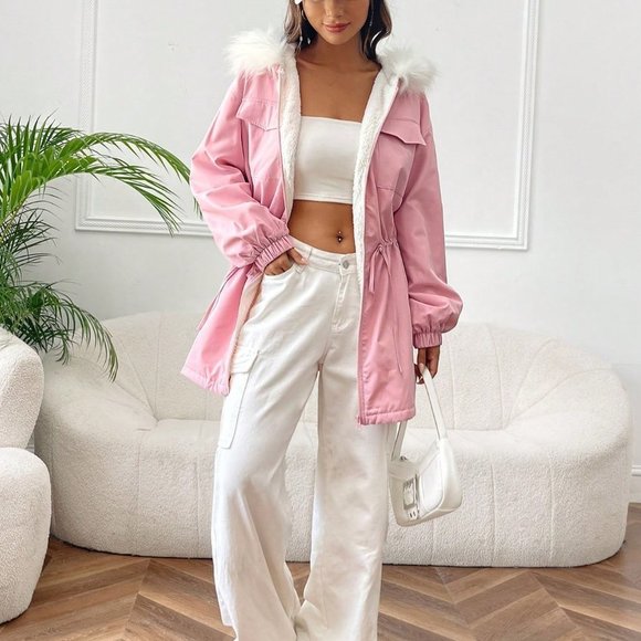 . Jackets & Blazers - Pink Preppy Womens Fuzzy Trim Drawstring Waist Hooded Coat